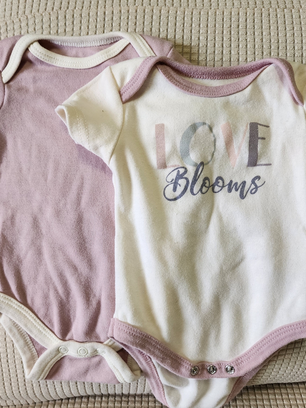 Love Blooms Baby Onesies - White & Mauve 0-3 M. Kyle & Deena.